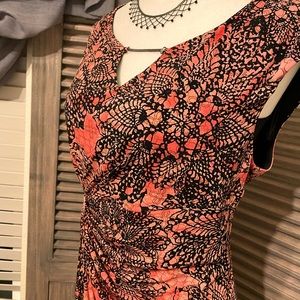 connected apparel Coral and Black Floral-Print Midi Dress with Keyhole